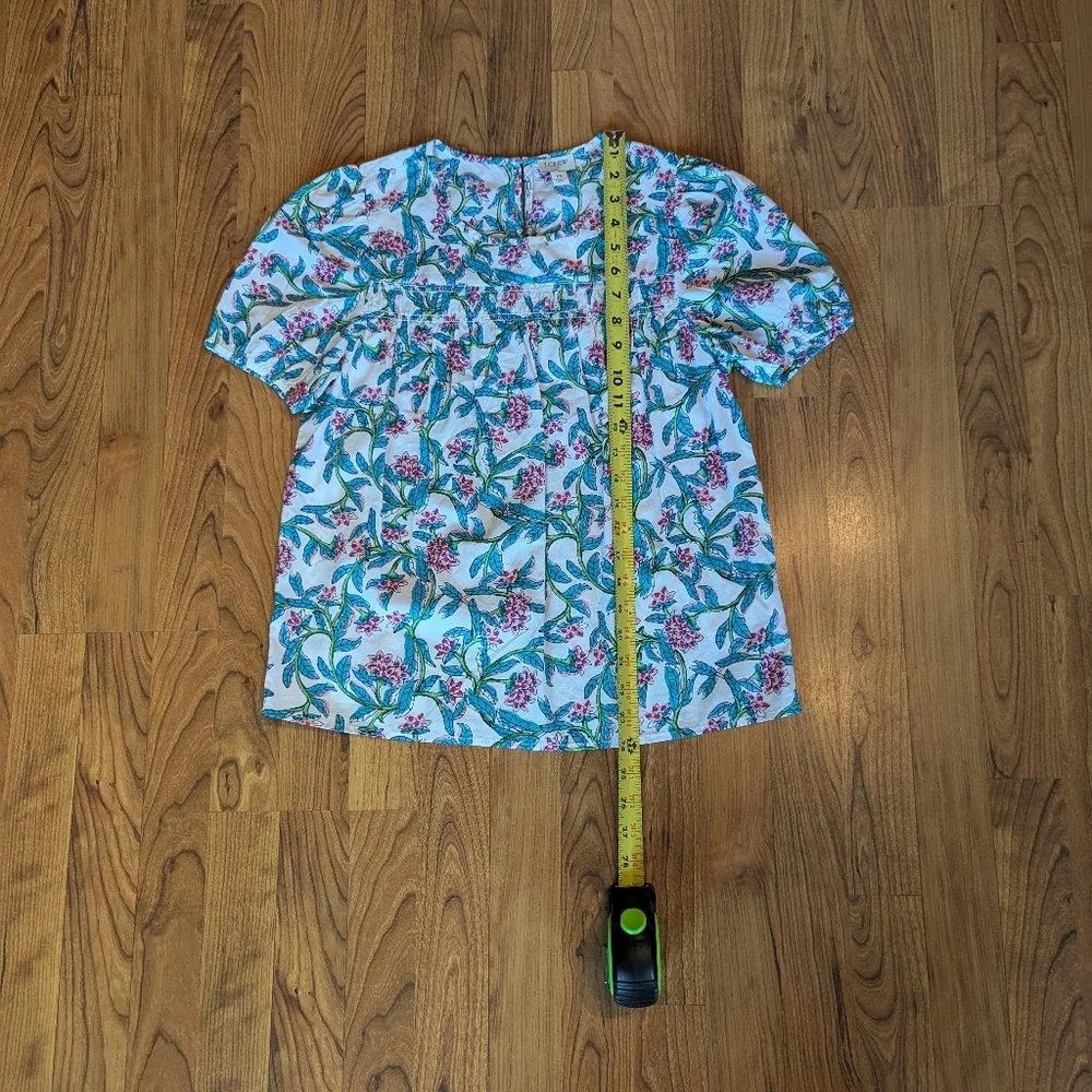 J. Crew Floral Puff Sleeve Top in White and Blue, Size XS
